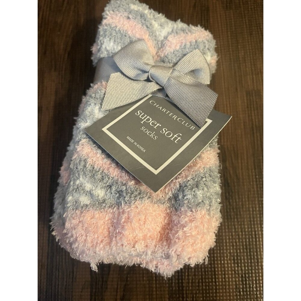 Charter Club Women's Soft Fuzzy Butter Socks Grey Pink  9-11 Fits Shoe Size 6-10